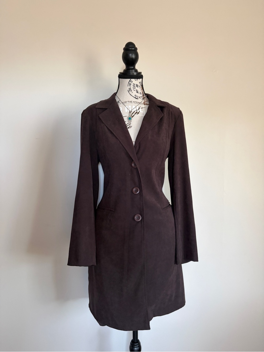 Vintage 90’s Chocolate Brown Faux Suede Long Line Blazer Trench Coat